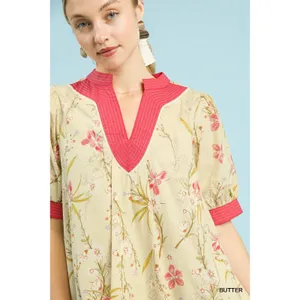 Umgee Floral Puff Sleeve Dress with‎ Contrast Trim - Butter - Small thumbnail 6
