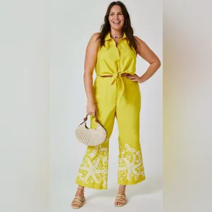 Anthropologie Yellow Wide Leg Pants with White Paisley thumbnail 4