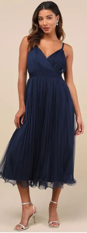 Lulus Exemplary Aura Navy Tulle Surplice Midi Dress Size Large Sleeveless Formal thumbnail 1
