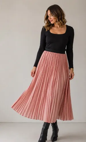 Stradivarius Pink Red Colorblock Pleated Midi Skirt Womens Large Accordion Lined thumbnail 1