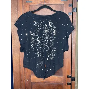 Free People Embellished Distressed Knit Top Black Sequin Rhinestone Tee Y2K S thumbnail 3