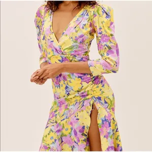 For Love and Lemons Cassia Dress Size 1X NWT Yellow Floral Ruched Midi Cocktail thumbnail 3