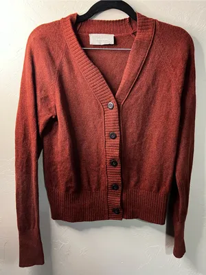 Everlane ReCashmere Wool Rust Red Varsity V Neck Button Front Cardigan Sweater thumbnail 2