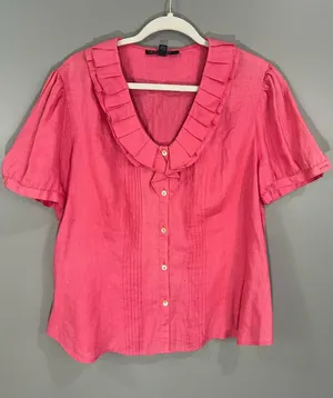 Lafayette 148 100% Linen Pink Ruffled Collar Button-Front Blouse size 14 thumbnail 1