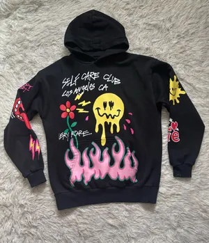 PacSun Black with Yellow, Pink & Green Graphic Unisex Pullover Hoodie Size S thumbnail 1
