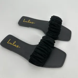 Lulus Sandals Womens 6.5 Black Ruched/Scrunch Strap Slide Square-Toe Casual Flat thumbnail 2