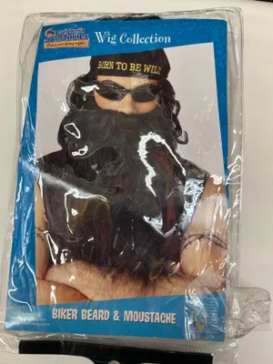 Black biker beard and mustache wig with black bandana thumbnail 1