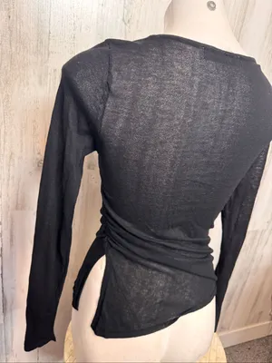 ZARA Asymmetric Cutout Ruched Long Sleeve Top Womens S Black Shimmer Sheer thumbnail 5