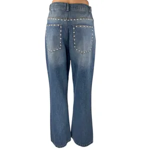 Women's Blue Studded Medium Wash High Waist Flared Bootcut Denim Jeans Pants 28 thumbnail 3