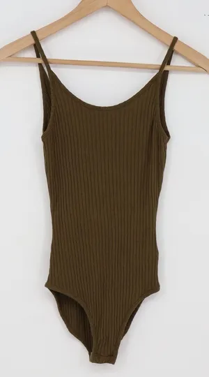 Out From Under Bodysuit Womens M Ribbed Knit Olive Green Low Back Excellent thumbnail 1