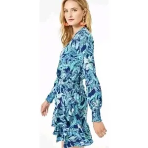 LILLY PULITZER Cristiana Dress‎ High Tide Navy Take It Or Leaf It Smocked 0 thumbnail 5