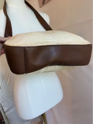 Etienne Aigner Beige Woven Shoulder Bag with Brown Leather Trim and Gold-tone Cl thumbnail 7