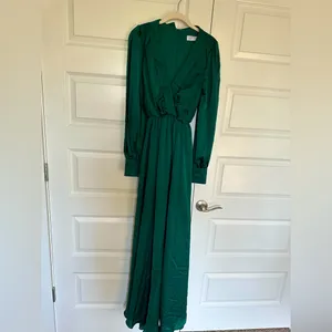 Mac Duggal Deep‎ Emerald Green Split Bishop Sleeve Slit V-Neck Maxi Dress NWT 2 thumbnail 4