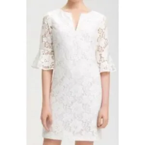 Adrianna Papell white lace notch neck bell sleeve dress thumbnail 2