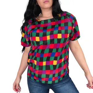 Impressions 1980s Vintage Rainbow Checkered Short Sleeve Blouse Retro Medium thumbnail 3