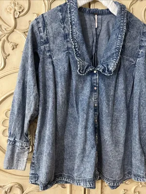 Free People Ruffle Collar Denim Swing Blouse - Lightest Indigo Blue SZ Amall thumbnail 8