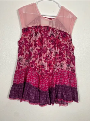 Free People Angelica Printed Tunic Mesh Top Pink Floral Blouse Sleeveless XS/TP thumbnail 4