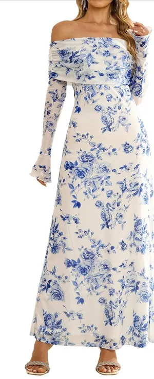Off the Shoulder Blue Flower Dress Size L thumbnail 1