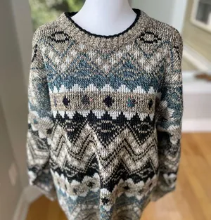 Vintage Method Blue Black Tan Fair Isle Eclectic Grandpa Crewneck Sweater Sz M thumbnail 9