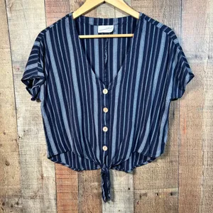 Universal Threads Navy Blue Striped Rayon Tie Front Button Top Size Medium M thumbnail 1
