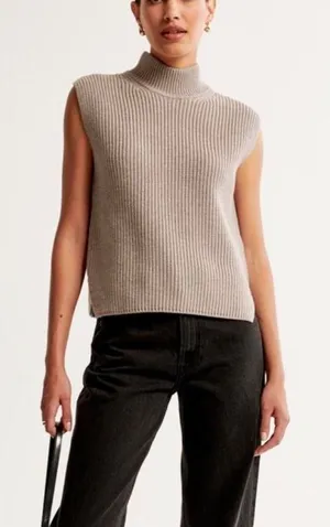 Abercrombie & Fitch Mock Neck Sweater Vest Size Medium Tan Brown Neutral thumbnail 1