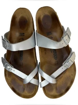 Birkenstock Mayari Metallic Silver Slide German Cork Footbed Sz 10-10.5 thumbnail 1