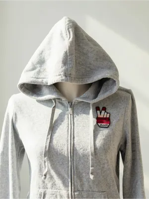 Y2K 2000s style Juicy Couture gray zip up jacket with red hand graphic thumbnail 2
