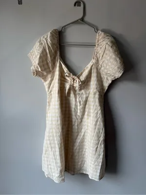 Lulus Love Sweetly Beige Gingham Puff Sleeve Mini Dress Checkered Beige White XL thumbnail 4