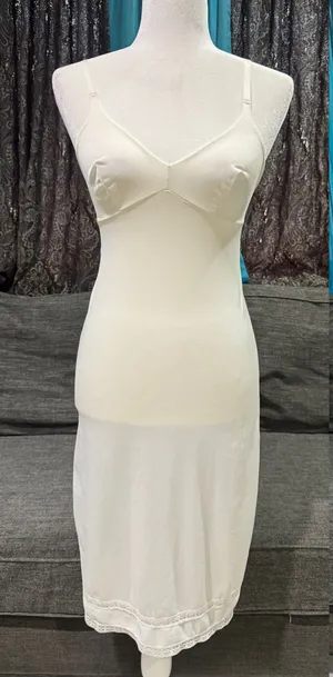 Vintage White Full Slip Lace‎ Trim Adjustable Spaghetti Straps V-Neck Mid-Length thumbnail 1