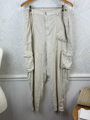 By Anthropologie Cream Linen Blend Beach Cargo Pants - Size - Medium thumbnail 4