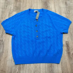 J. Crew | NWT Women's Cashmere Blue Cable Knit Short Sleeve Henley Sweater, M thumbnail 2