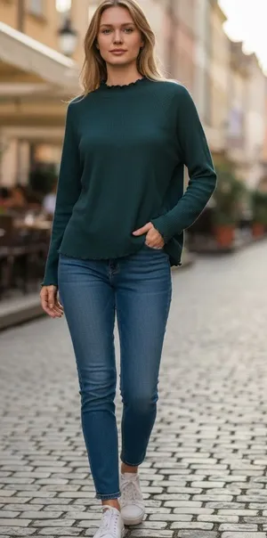 Free People - Long Sleeve Waffle Knit Top in Green/Dusty Teal - Size Large NWOT thumbnail 1