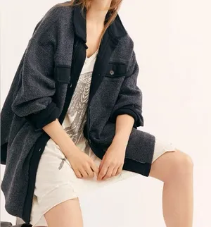 Free People Ruby Jacket Oversized Shacket Fleece Distressed Washed‎ Black Size M thumbnail 1