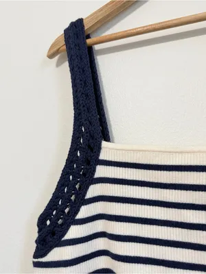 Aerie Knit Crochet Tank Top Size XXL Stripe Navy White Summer Beach Boho thumbnail 4