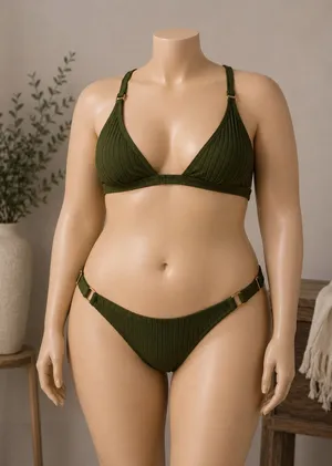 Hollister Ribbed Bikini Set Olive Green Large Top XL Bottom Like New thumbnail 1