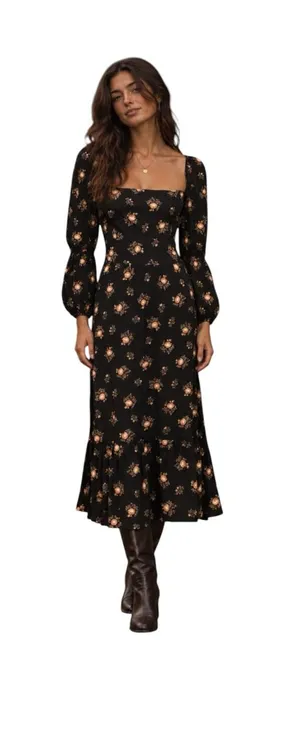 Reformation Mica Midi Dress Womens 12 Black Floral Whimsigoth Practical Magic thumbnail 1