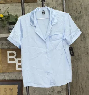 INC International Concepts Satin Short Sleeve Pajama Shirt Pale Spring Blue S thumbnail 1
