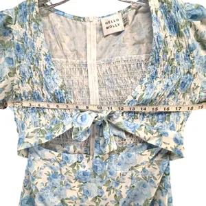 Hello Molly Picnic Loving Mini Dress Women M Blue Floral Smocked Cutout Coquette thumbnail 8