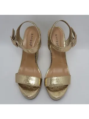 Bamboo Platform High Wedge Heels Ankle Strap Round Toe Metallic Gold Sandal Sz 8 thumbnail 4