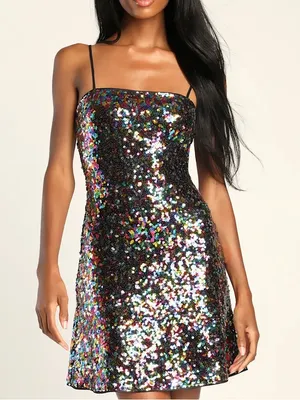 LULUS Spotlight Shimmer Black Multi Sequin Mini Skater Dress thumbnail 1