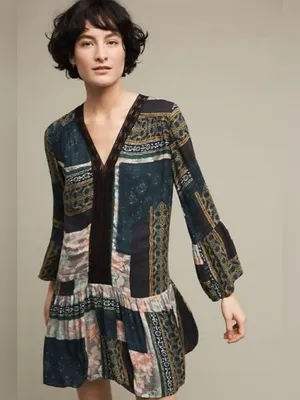 Anthropologie Maeve Patchwork‎ Lace Trim Peasant Mini Dress Tunic Green Size XS thumbnail 2