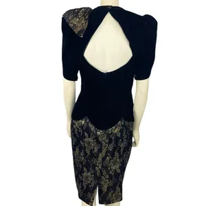 Vintage 1980s Scott McClintock Black Velvet Gold Brocade Dress Open Back S/M thumbnail 4