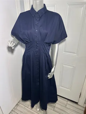 Quince Stretch Cotton Poplin Pleated Midi Shirt Dress Deep Navy Womens Size S thumbnail 7