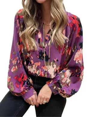 NEW Blouse Tops V Neck Lantern Long Sleeve Shirt M thumbnail 1