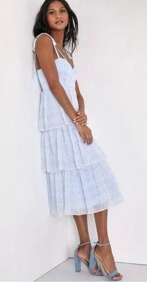Lulu’s Vineyard Visit Blue Embroidered Tie-Strap Tiered Midi Dress Light Blue L thumbnail 1