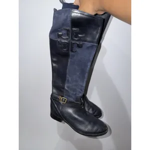Tory Burch Lizzie Women's 7.5 Leather Knee High Riding Boot Zip Buckle Blue READ thumbnail 4