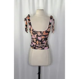 FREE PEOPLE‎ Avenue Tank Top Tie Shoulders Scoop Neck Pink Combo Retro Medium thumbnail 9