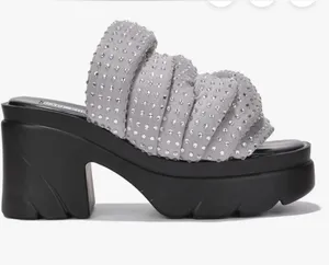 Cape Robbin Light Gray Studded Ruched Platform Slides thumbnail 1