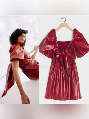 Anthropologie Red Faux-Leather Puff-Sleeve Mini Dress with Bow thumbnail 5
