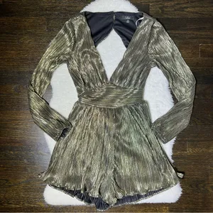 Lulu’s Plisse and Thank You Gold Pleated Long Sleeve Backless Romper thumbnail 4